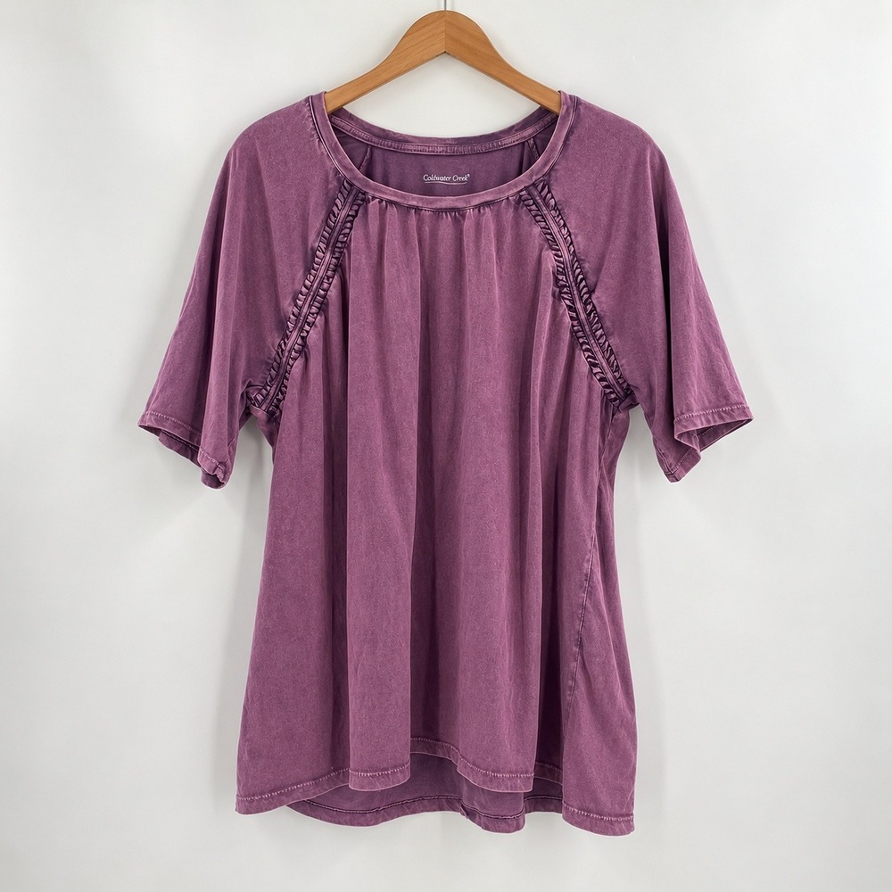 Coldwater Creek Boho Lagenlook Purple Top Women XL Cottagecore Mineral Wash Tee